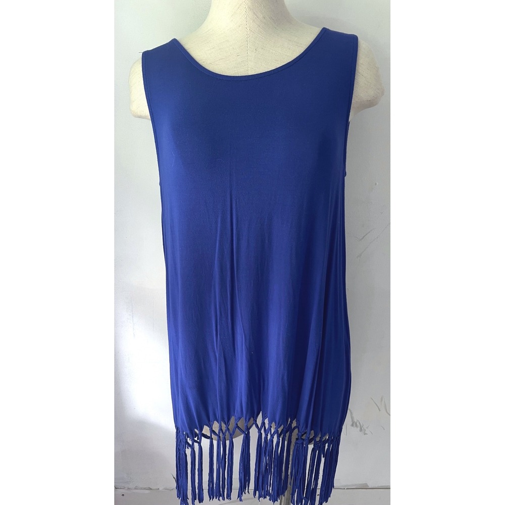 Umgee Royal Blue Fringe Tunic Tank Top Strappy V-Back Small Boho Macrame Hem